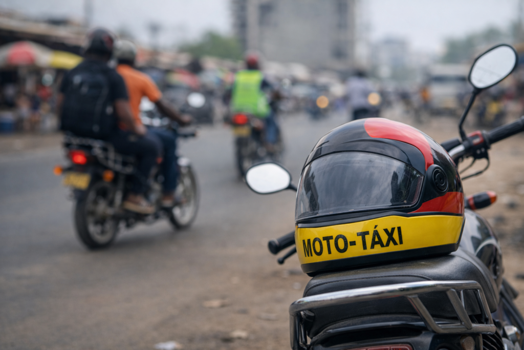 Um capacete de moto‑táxi pousado no assento de uma motorizada, em primeiro plano, com kupapatas a circular ao fundo numa rua movimentada, junto a um mercado urbano. A cena retrata a dinâmica da mobilidade informal em Luanda, com motociclistas e vendedores ao longo da via.