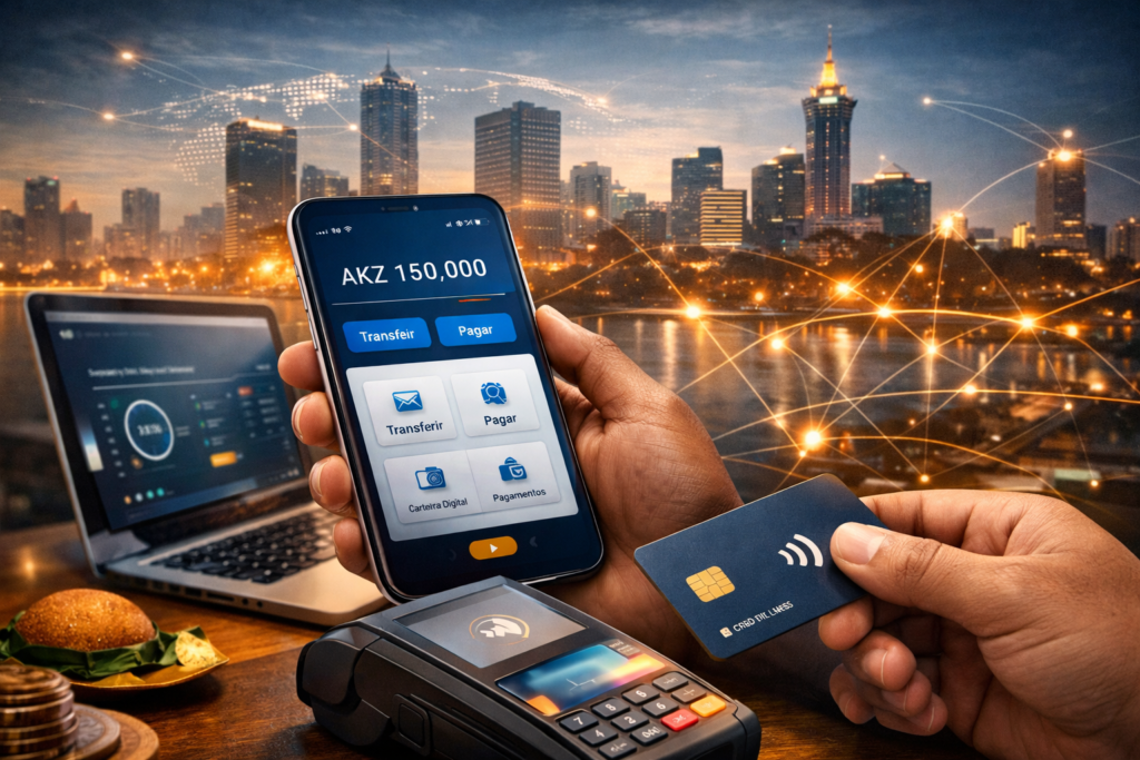 Mãos segurando um smartphone com aplicação bancária e um cartão contactless sobre um terminal de pagamento, representando a digitalização financeira e o avanço das transações eletrónicas em Angola.