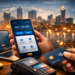 Mãos segurando um smartphone com aplicação bancária e um cartão contactless sobre um terminal de pagamento, representando a digitalização financeira e o avanço das transações eletrónicas em Angola.